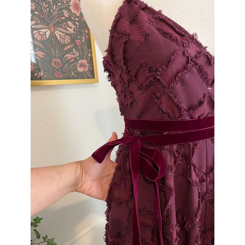 Badgley Mischka Burgandy Fairytale Dress with Velvet Belt Hidden Pockets - Picture 3 of 11
